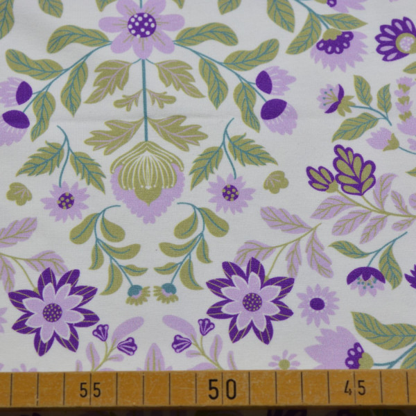 Baumwolljersey Blumen lila | Florales Ornament Muster, elastisch, 200 g/m², 150 cm breit