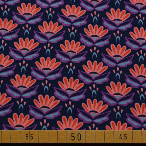 Baumwoll-Jersey – Blütenmuster Orange & Lila, elastisch, Ökotex Standard 100, 150 cm breit