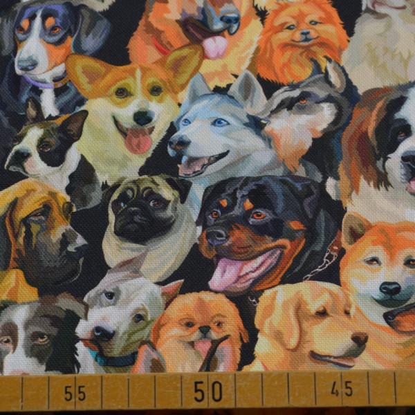 Dekostoff Hunde dunkel | Hunderassen Collage auf Schwarz, 100% Baumwolle, 200 g/m², 140 cm breit