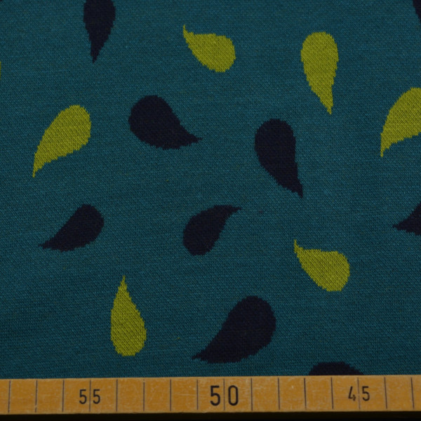 Strick Jacquard Tropfenmuster Petrol/Gelb/Schwarz | 90% Baumwolle – 145-150 cm breit, 240 g/m²