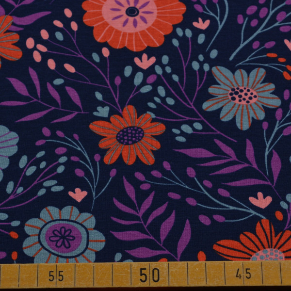 Baumwoll-Jersey – Blumenmuster bunt auf Dunkelblau, elastisch, Ökotex Standard 100