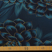 Baumwoll Jersey in Petrol mit Dahlienblüten – 150 cm Breite, 200 g/m² Baumwoll Jersey in Petrol mit Dahlienblüten – 150 cm Breite, 200 g/m²