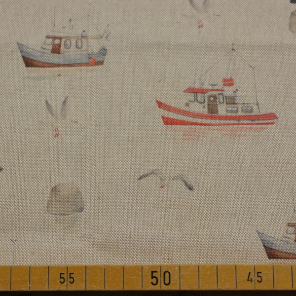 Dekostoff Boote & Möwen natur | Maritimes Küstendesign, 200 g/m², 140 cm breit