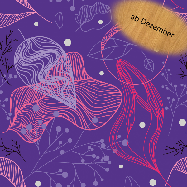 French Terry angeraut – Abstraktes Blätterdesign Lila/Pink, 92 % Baumwolle 8 % Elasthan, 150 cm, 250 g/m²