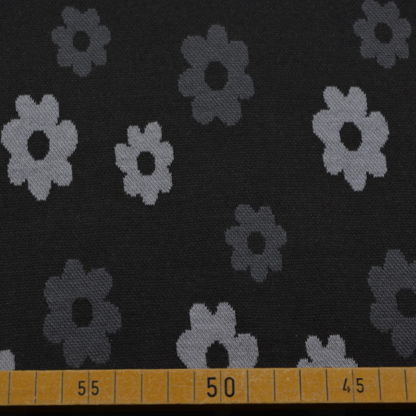 Strick Jacquard mit Blumen in Grau auf Schwarz | 90% Baumwolle – 145-150 cm breit, 240 g/m²
