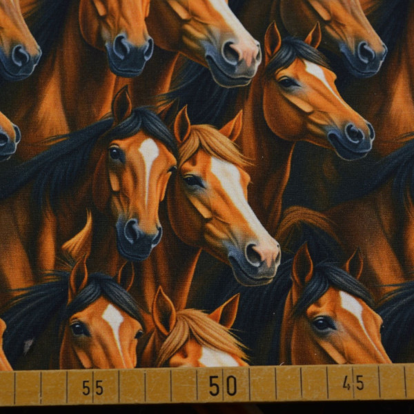 Baumwolljersey Pferde braun | Realistisches Tiermotiv, elastisch & weich – 200 g/m², 150 cm breit