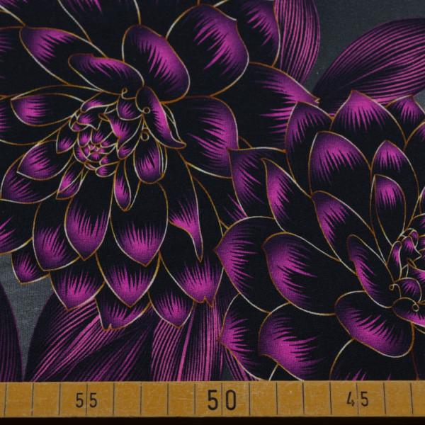 French Terry mit violett-schwarzem Blumenmuster | 92% Baumwolle – 150 cm breit, 250 g/m²