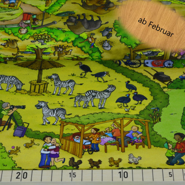 Bunt bedruckter Baumwoll-Jersey mit Wimmelbuch-Motiv aus dem Tierpark Nordhorn – elastischer Kinderstoff aus 95% Baumwolle und 5% Elasthan, 220 g/m², 150 cm Breite, ideal für bequeme Kleidung und kreative Nähprojekte