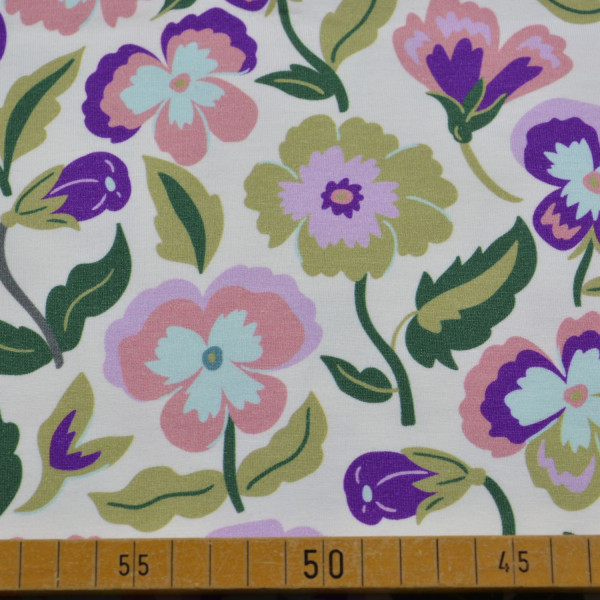 Baumwolljersey Blumen bunt | Florales Muster rosa lila grün, elastisch, 200 g/m², 150 cm breit