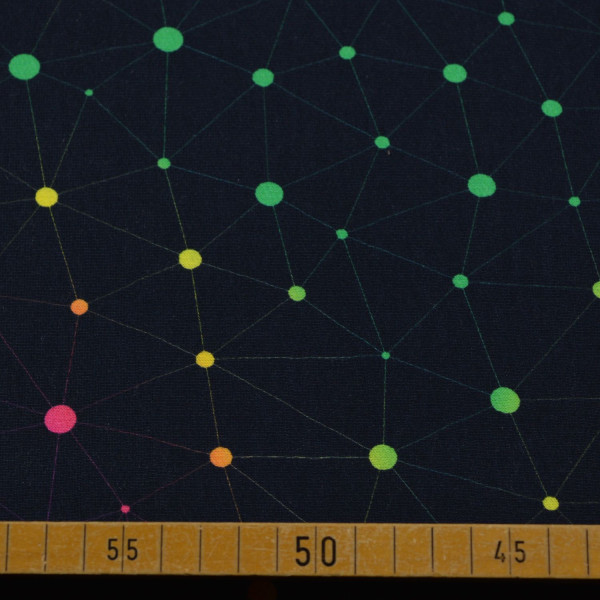 Sweatstoff Neon Netzwerk auf Schwarz | Moderner Punkt- & Linienprint, 280 g/m², 150 cm breit