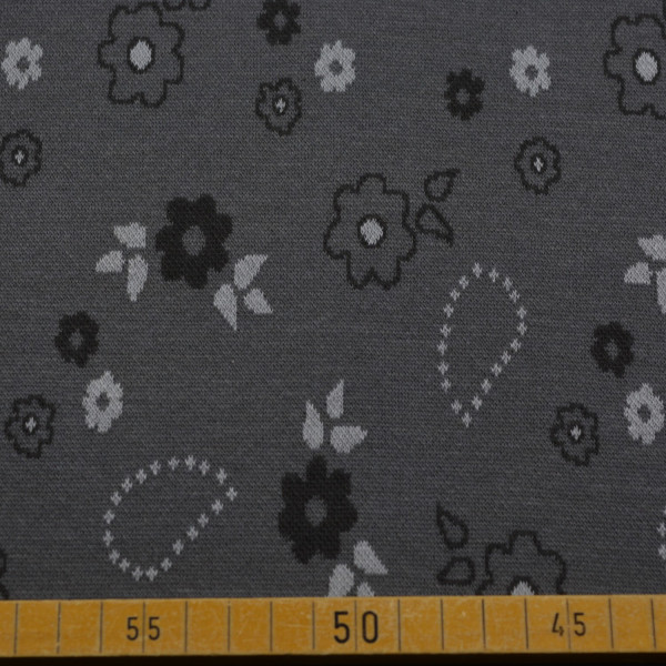 Strick Jacquard – Grau mit Blumen & Paisley | 90% Baumwolle, 145–150 cm breit, 240 g/m²