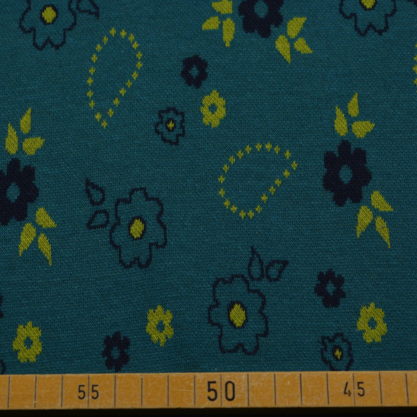 Strick Jacquard mit Blumen- und Paisleymuster in Petrol | 90% Baumwolle – 145-150 cm breit, 240 g/m²