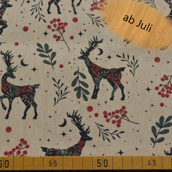 Dekostoff mit Hirschmotiv aus Baumwoll-Polyester-Mischung – ca. 190 g/m², 145 cm breit, ideal für Kissen, Taschen, Vorhänge und dekorative Nähprojekte