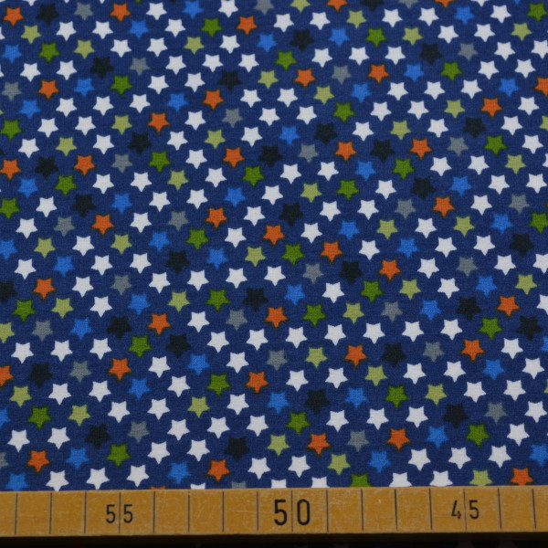 Baumwoll Jersey – Kleine bunte Sterne auf Dunkelblau | Kinderstoff mit Elastan