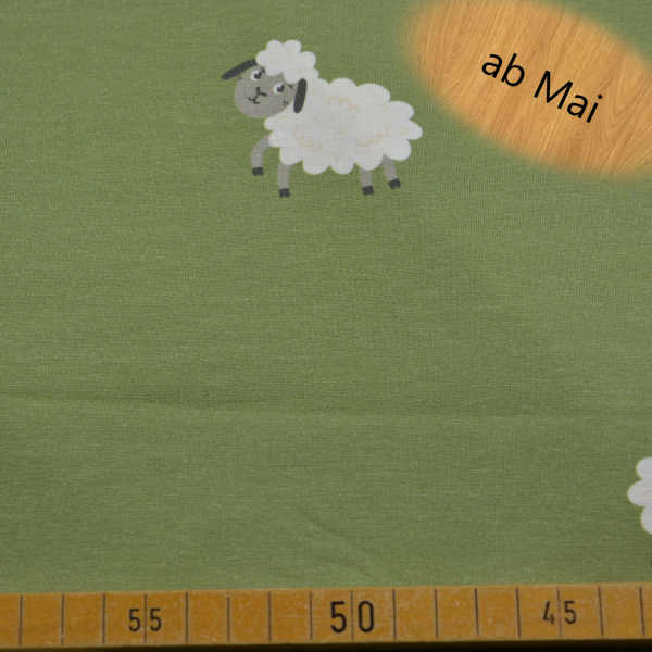 Baumwolljersey mit Schafmotiv in Grün – elastischer Jersey aus Baumwolle mit ca. 200 g/m² für Baby- und Kinderbekleidung, Shirts, Hosen und kreative Nähprojekte