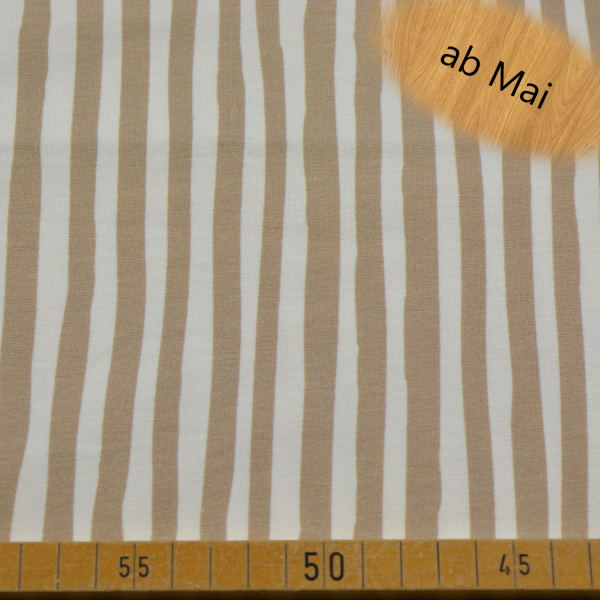 Elastischer Baumwoll-Jersey mit beigen und weißen Streifen aus 95 % Baumwolle und 5 % Elasthan – ca. 200 g/m², 145 cm breit, ideal für Shirts, Kleider und Kinderbekleidung